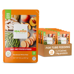 Real Food Blends turkey-sweet-potatoes-peaches puree close-up highlights real ingredients for tube feeding.