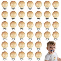 REDANHA 38-piece wood pacifier clips close-up shows natural beech wood finish.