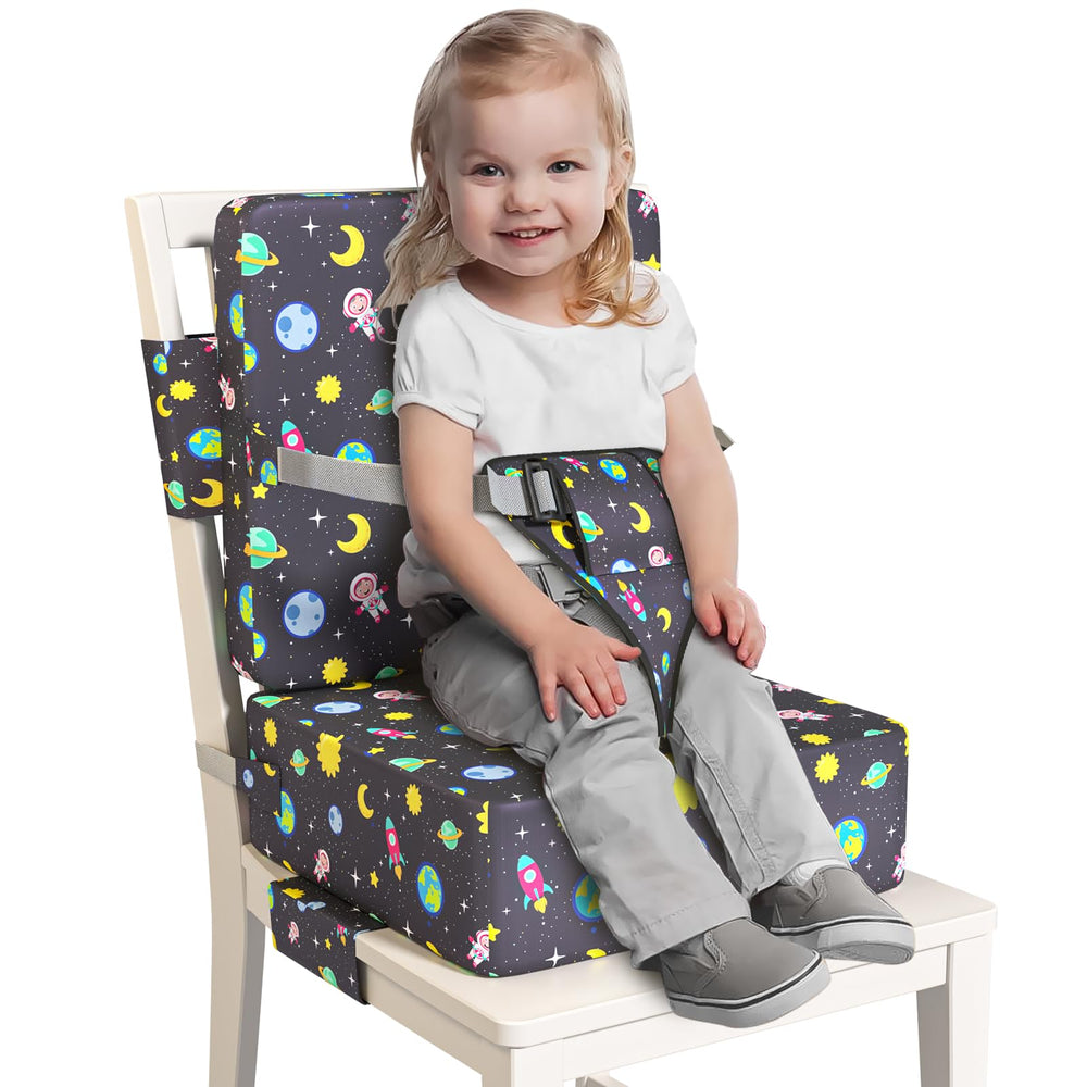 Redcoutt booster seat with extended straps fits most chairs for safe meals.