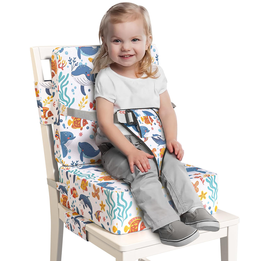 Redcoutt booster seat with extended straps ensures a secure fit on most dining chairs.