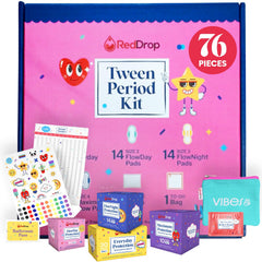 RedDrop Tween Period Kit shows 30 everyday pads for daily school protection