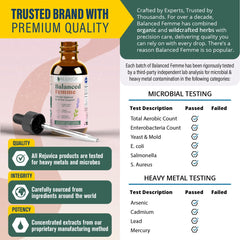 Rejuvica Balance Femme liquid formula highlights alcohol-free extraction