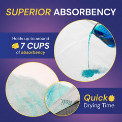 Reli bed pad 5 layer liquid lock technology highlights high absorbency.