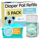 Reli diaper pail refill emits a powder fresh scent during changes.
