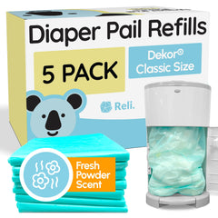 Reli diaper pail refill emits a powder fresh scent during changes.