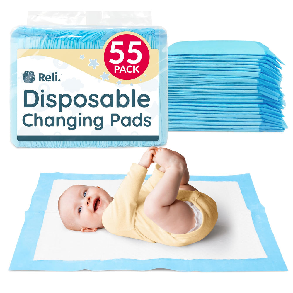 Reli disposable changing pads 55-pack offers absorbent, leak-proof protection for quick diaper changes.