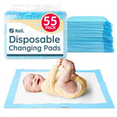 Reli disposable changing pads 55-pack offers absorbent, leak-proof protection for quick diaper changes.