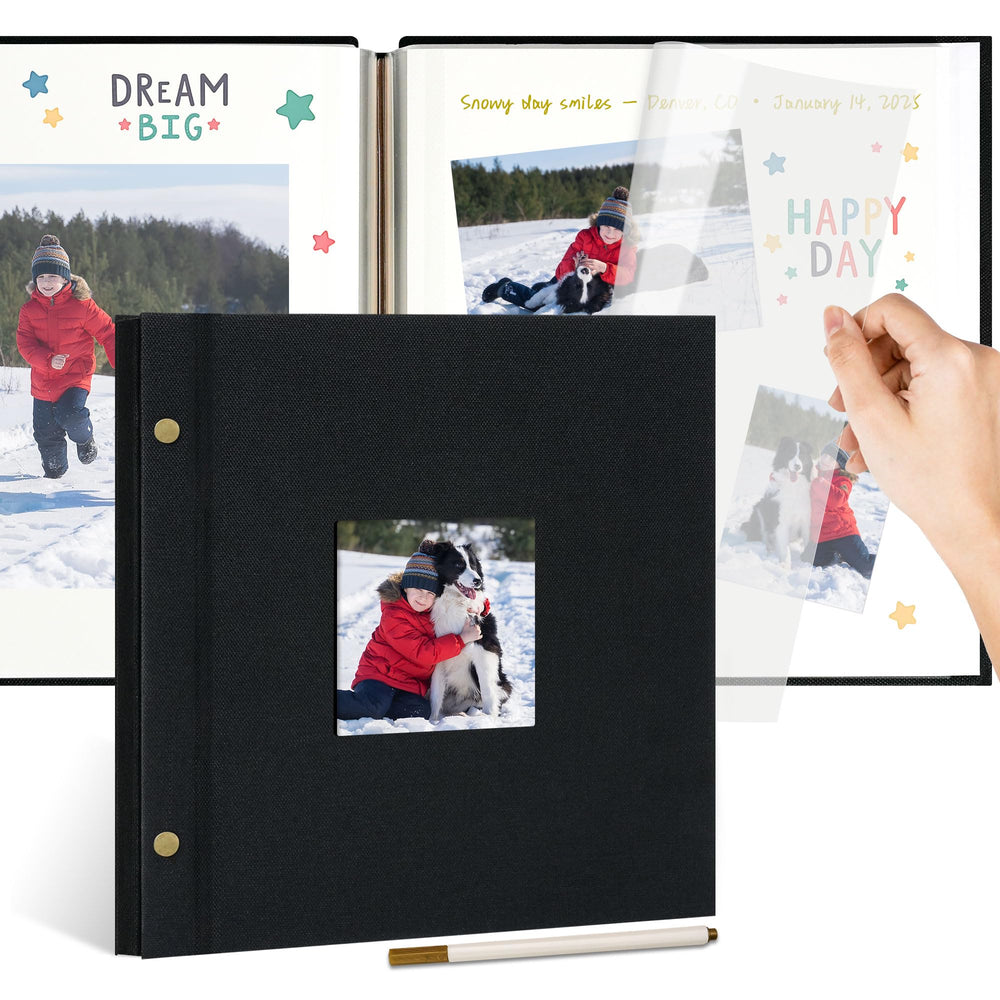 Remowith linen photo album with window cover protecting a displayed memory