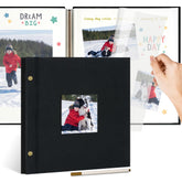 Remowith linen photo album with window cover protecting a displayed memory