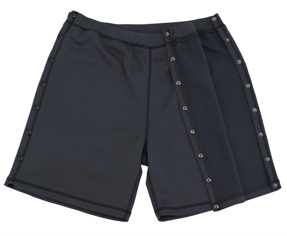 Renova Medical Wear post-surgery tearaway shorts grey front view, easy access for recovery