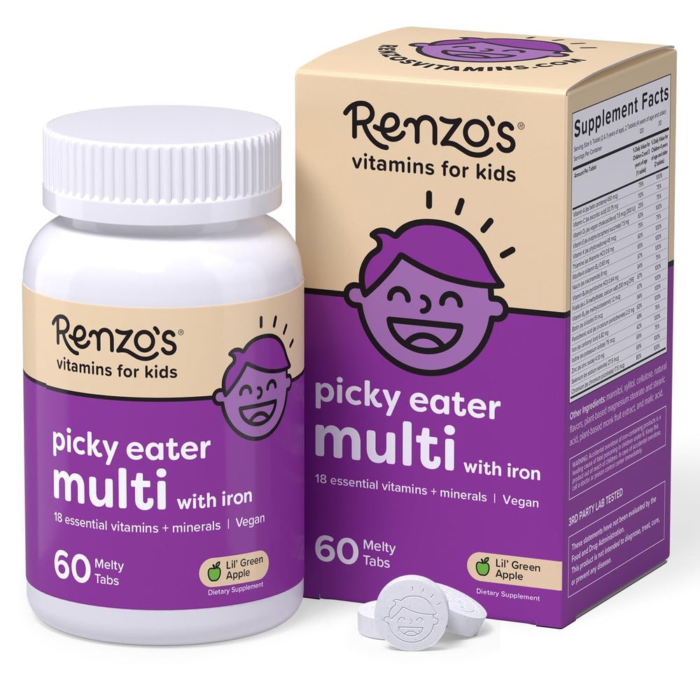 Renzo's picky eater melty tab in green apple dissolves easily for kids