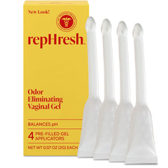 Rephresh Odor Eliminating Gel box front showing discreet packaging for freshness.
