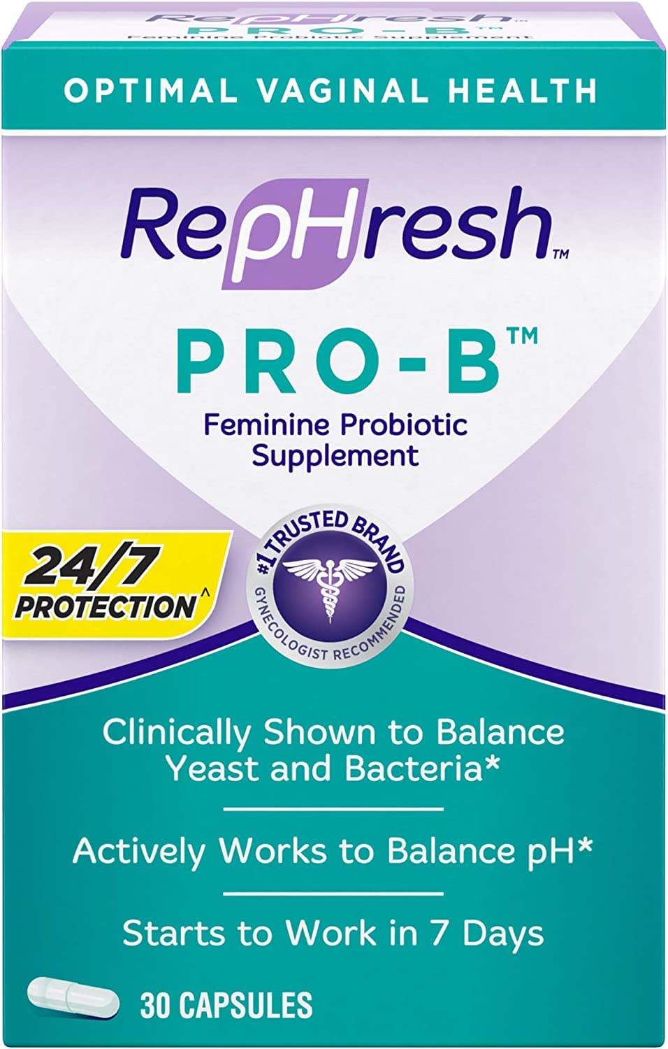 Rephresh Pro-B bottle front view supports daily vaginal health.