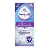 Replens MD bottle with packaging demonstrates long-lasting moisture for vaginal comfort.