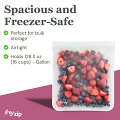 (re)zip gallon bag demonstrates leakproof seal ideal for freezer storage.