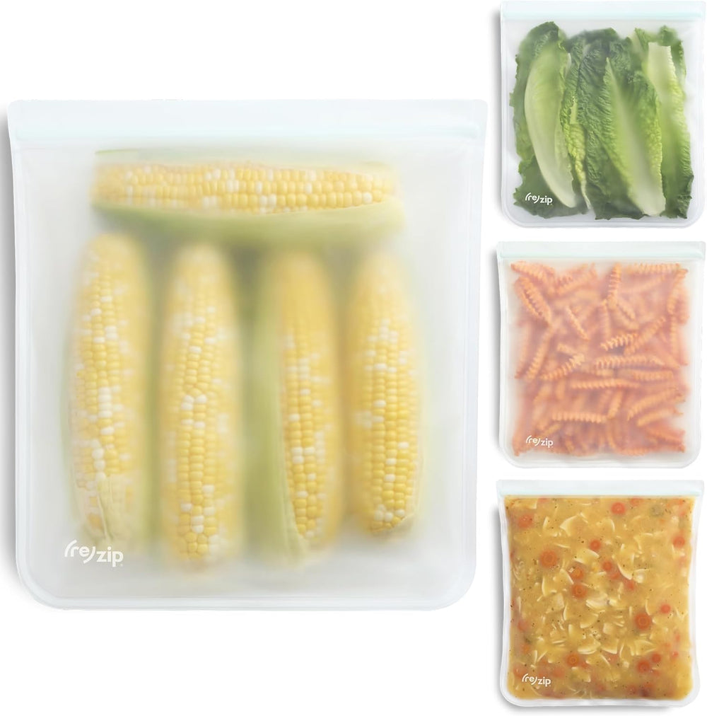 (re)zip gallon bag with airtight double-lock closure for secure meal prep.