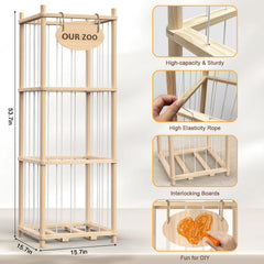 Rhyzoray wooden toy zoo display tower showing large plushies neatly.