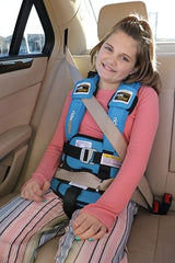 RideSafer X-Large blue vest on child demonstrates secure belt fit.