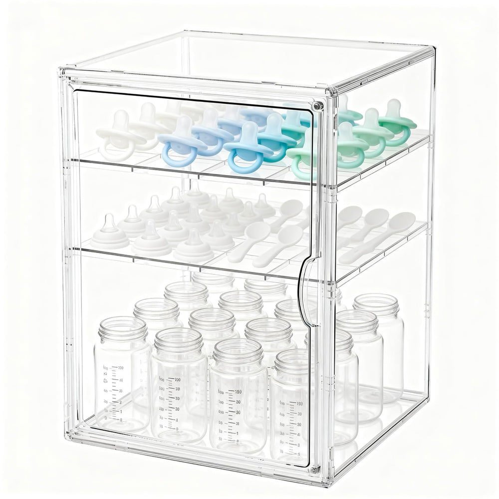 RISICULIS three-tier bottle organizer in clear acrylic keeps bottles neatly organized.