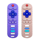 ROBBEAR remote-shaped teether in purple to soothe teething gums.