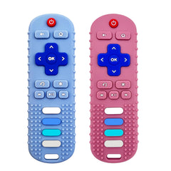 ROBBEAR TV remote teether in pink and blue soothes baby gums safely.