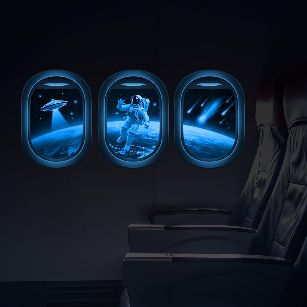 Robmoda Glow in the Dark Space Decals Earth scene glows at night for kids' room ambiance.
