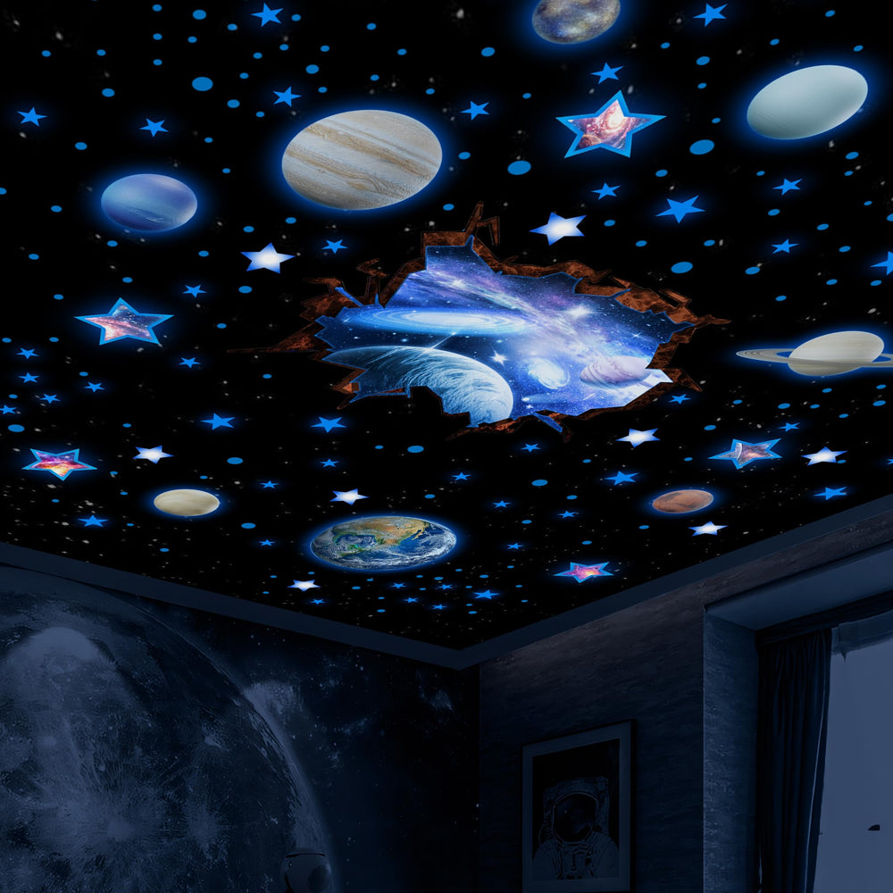 Robmoda glow-in-the-dark stars and planets ceiling decals brighten a child’s room.