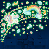 Robmoda large unicorn rainbow wall decal glows in the dark, adding magical evening ambiance to a nursery
