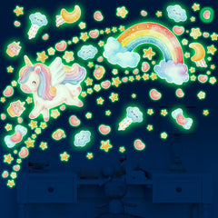Robmoda large unicorn rainbow wall decal glows in the dark, adding magical evening ambiance to a nursery