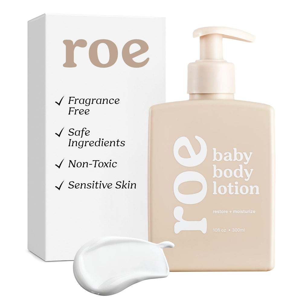 Roe Wellness fragrance-free baby lotion bottle showing gentle hydration