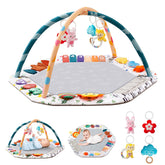 ROMAGIO Baby Play Gym Mat showing six development zones for tummy time exploration
