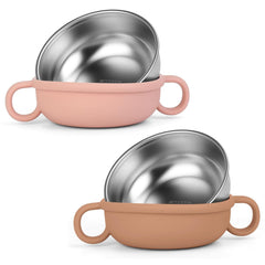 Rommeka stainless steel kids bowl with outer silicone shell for quiet, durable meals.