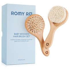 ROMY RO baby wooden hair brush set for gentle newborn grooming with natural materials.