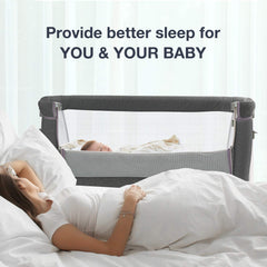 RONBEI bedside sleeper with mesh walls promotes breathability and visibility for monitoring baby.