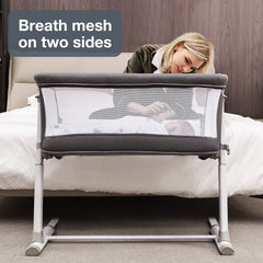 RONBEI Bassinet with breathable mesh sides for visibility and airflow.