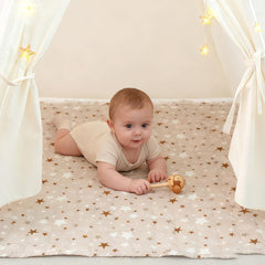 RONGFA Teepee Tent Mat unfolded in living room to create a spacious play space