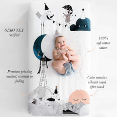 Rookie Humans Moon's Birthday soft cotton sateen texture highlighting gentle touch for baby skin.