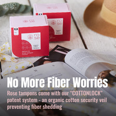 ROSE Organic Tampons with 100% cotton core for comfortable absorption.