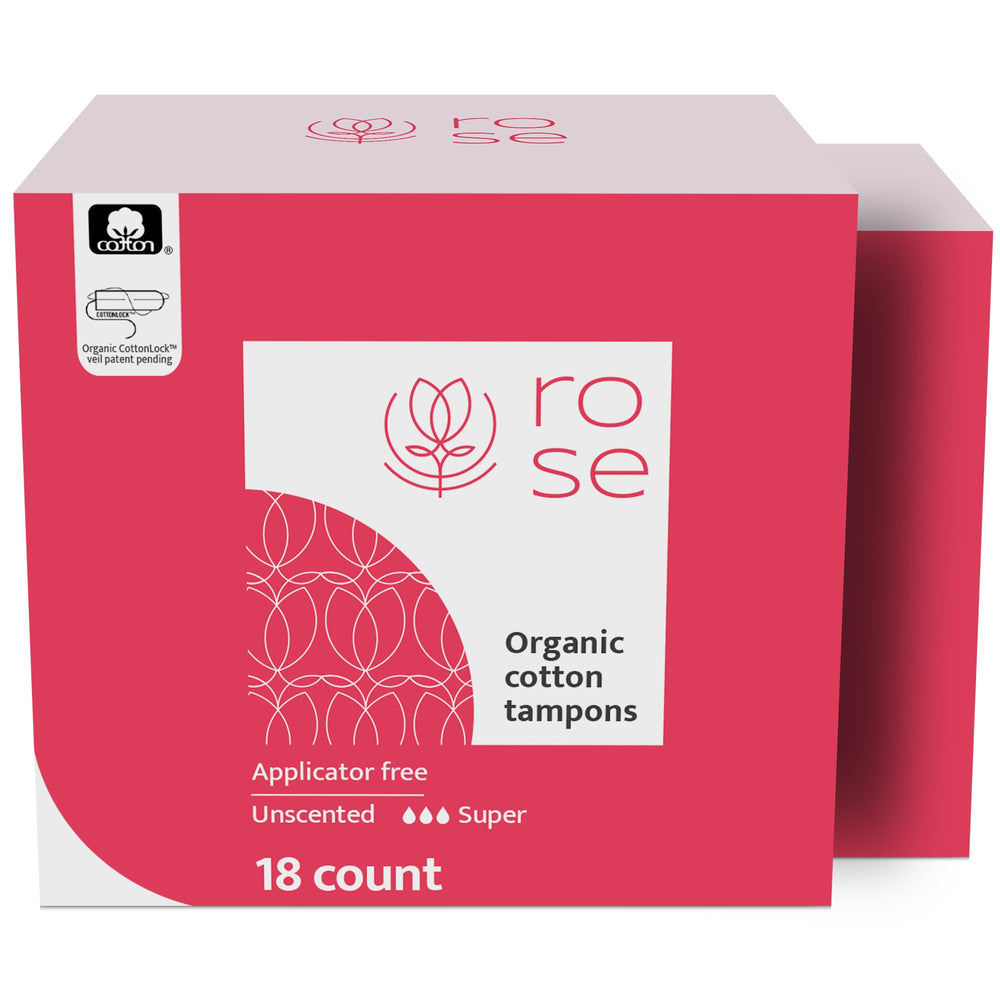 ROSE Organic Tampons non-applicator packaging for on-the-go convenience.