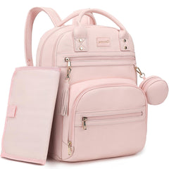 ROSEGIN premium vegan leather diaper bag backpack in pink, front view for stylish motherhood on the go.