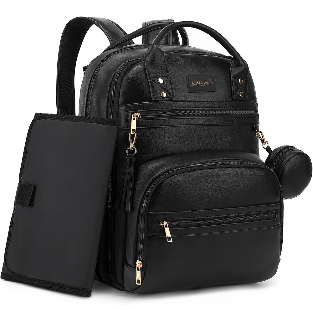 ROSEGIN premium diaper bag backpack with organized layout for busy parents on the go.