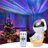 Rossetta Astronaut Galaxy Projector front view showing the device in a serene bedroom.