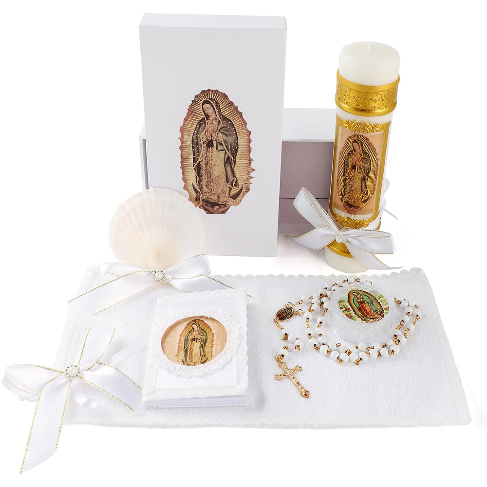 Rotel baptism candle set: five-piece kit displayed for sacred ceremonies.