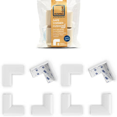 Roving Cove Slim-Fit corner protector on furniture edge, eight-piece baby-proofing set.