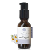 Rowe Casa Organics Baby Teething Oil bottle with pump for easy, mess-free application.