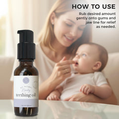 Rowe Casa Organics teething oil packaging highlights organic, non-GMO formula and 30 mL size.