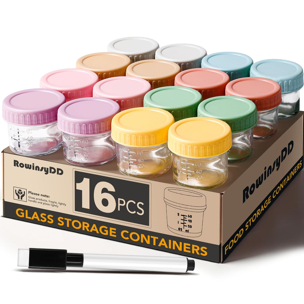 RowinsyDD 16-pack glass baby food jars with leakproof lids for fresh storage.