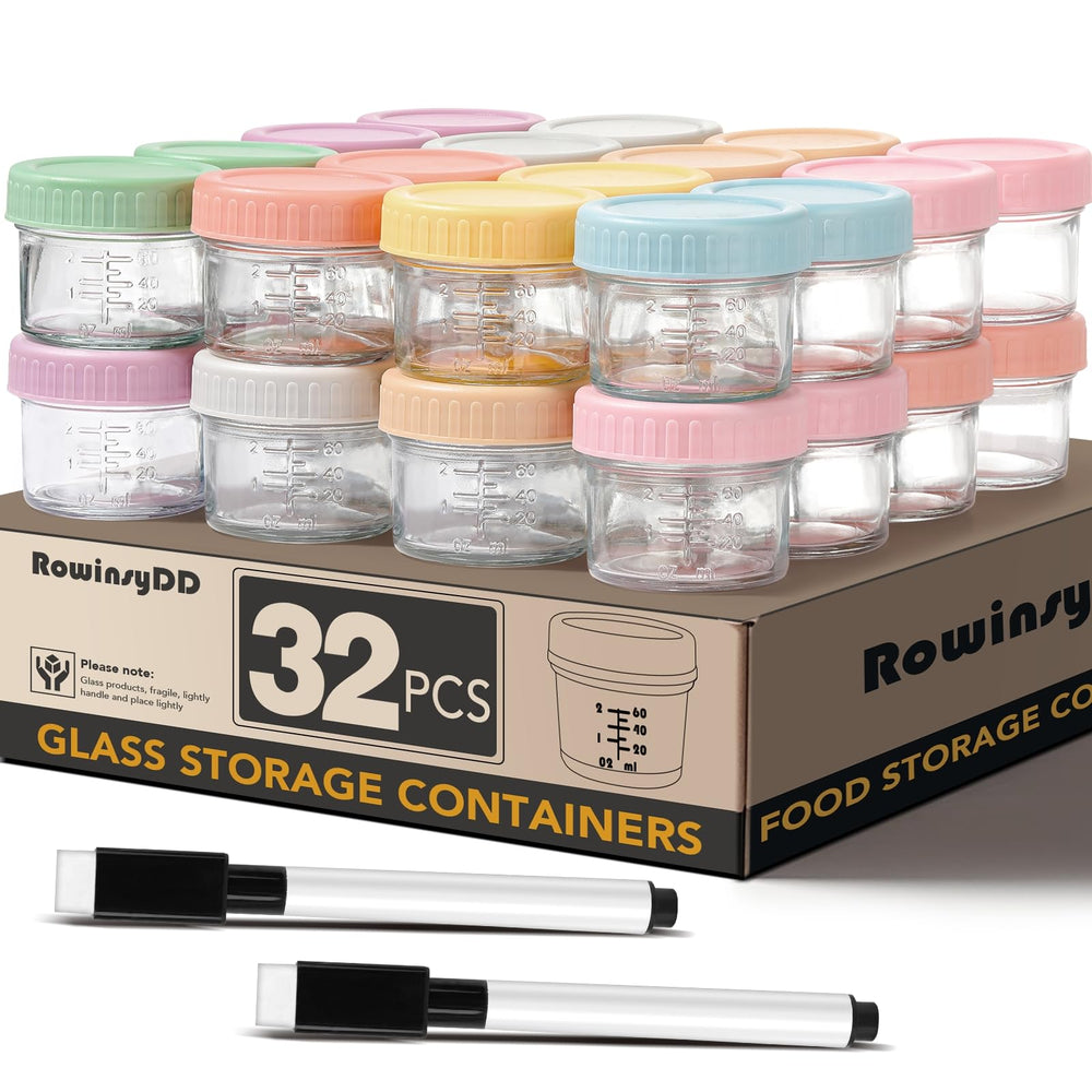 RowinsyDD jars with colorful lids for organized baby food storage.