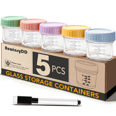 RowinsyDD five-pack glass jars with colored lids for easy portioning and reuse.
