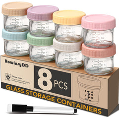 RowinsyDD glass baby food jar with red lid for leakproof storage of homemade purees.
